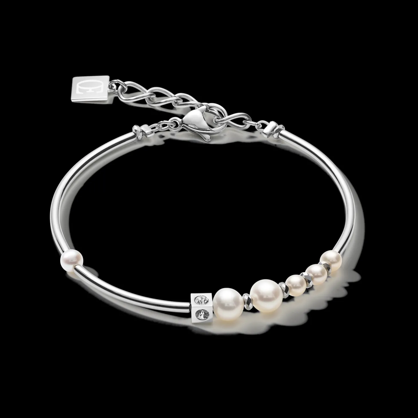 Bracelet Asymmetry freshwater pearls & stainless steel white-silver
