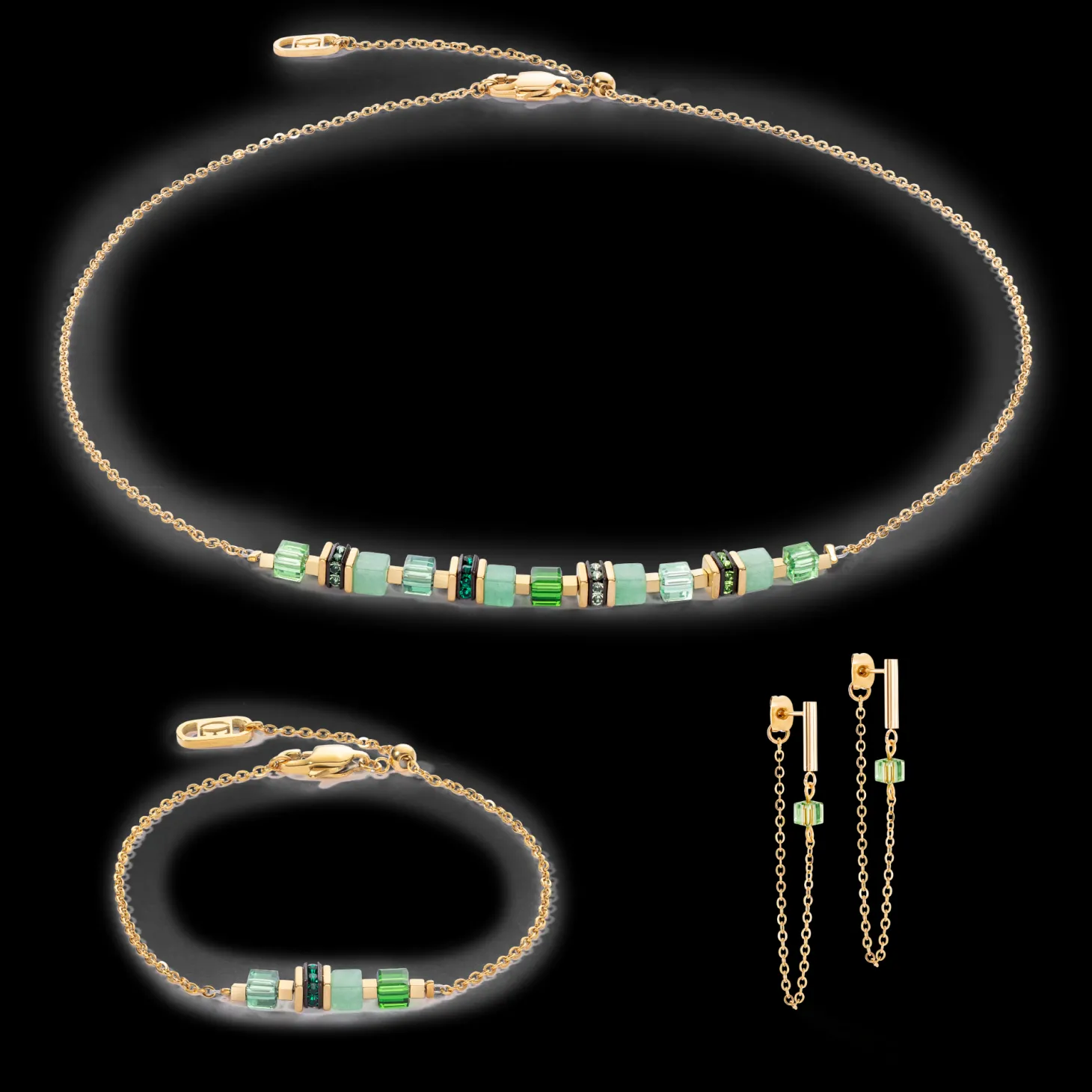 Earrings Mini Cubes & Chain gold-green