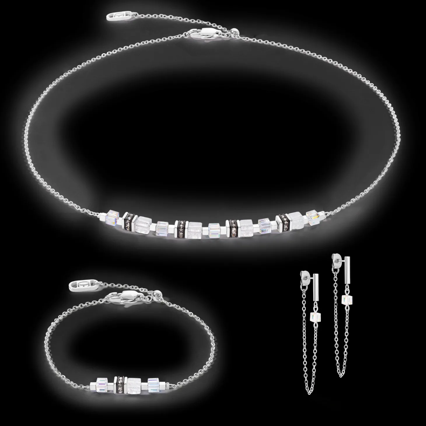 Earrings Mini Cubes & Chain silver-white