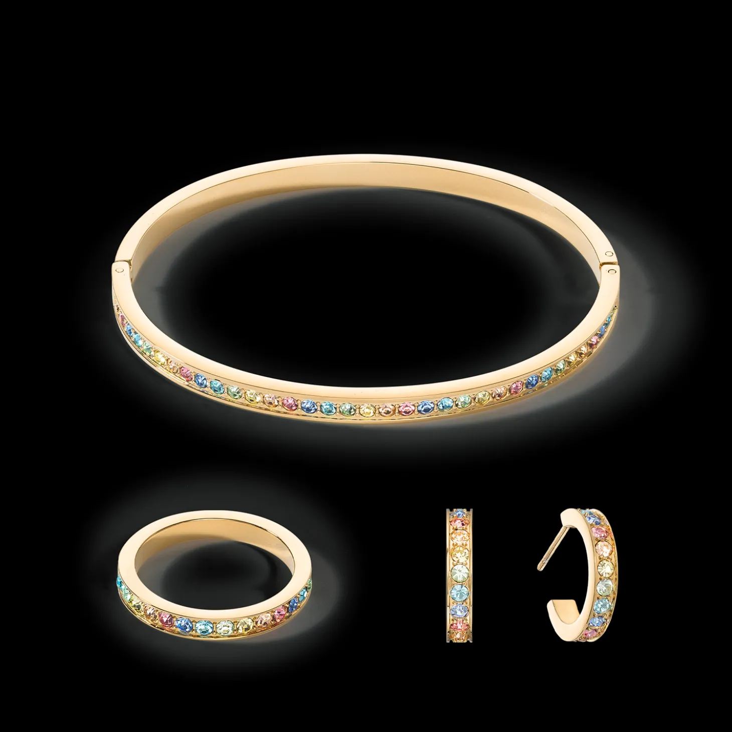 Hoop earrings 15 stainless steel & crystals gold multicolour pastel