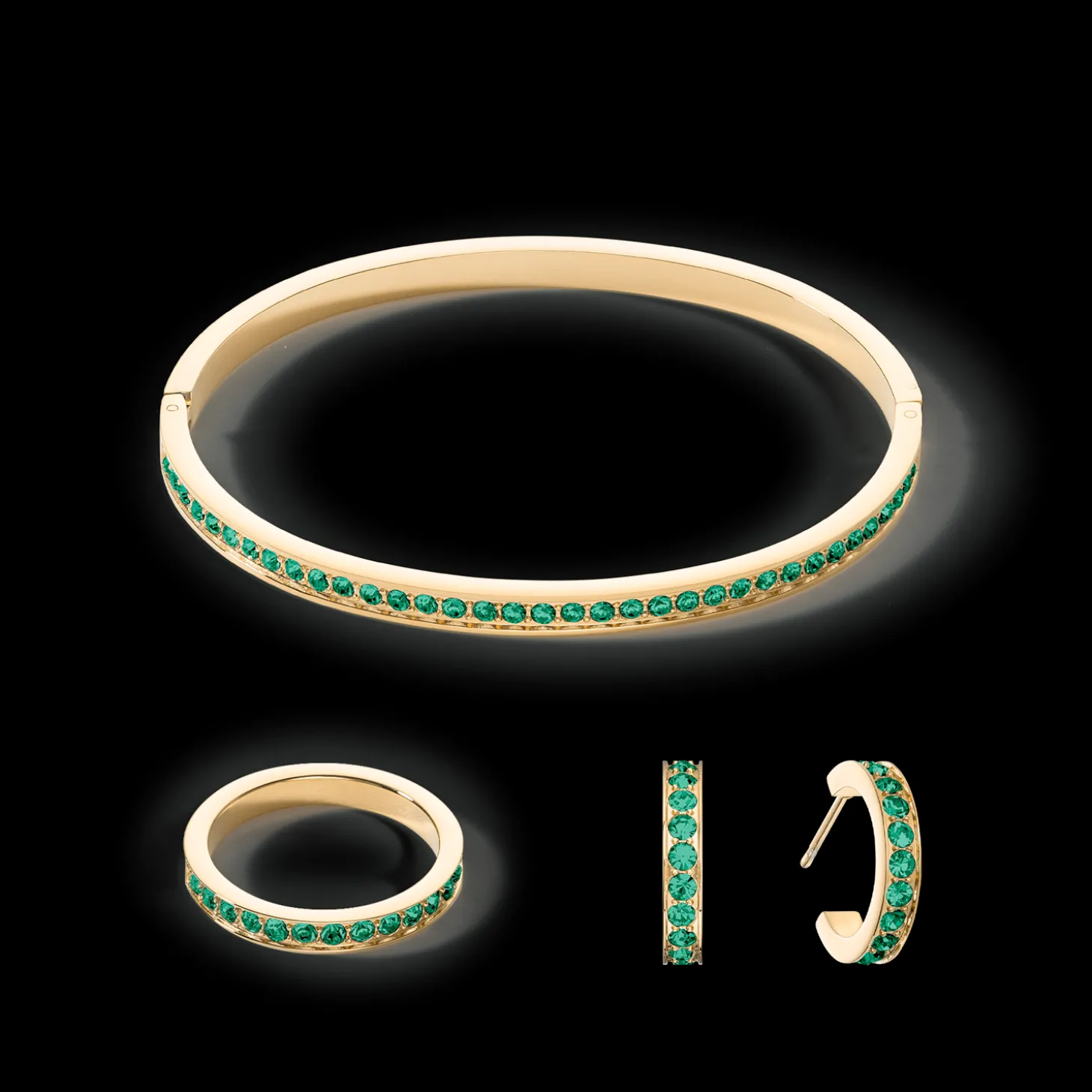 Hoop earrings 15 stainless steel & crystals gold dark green