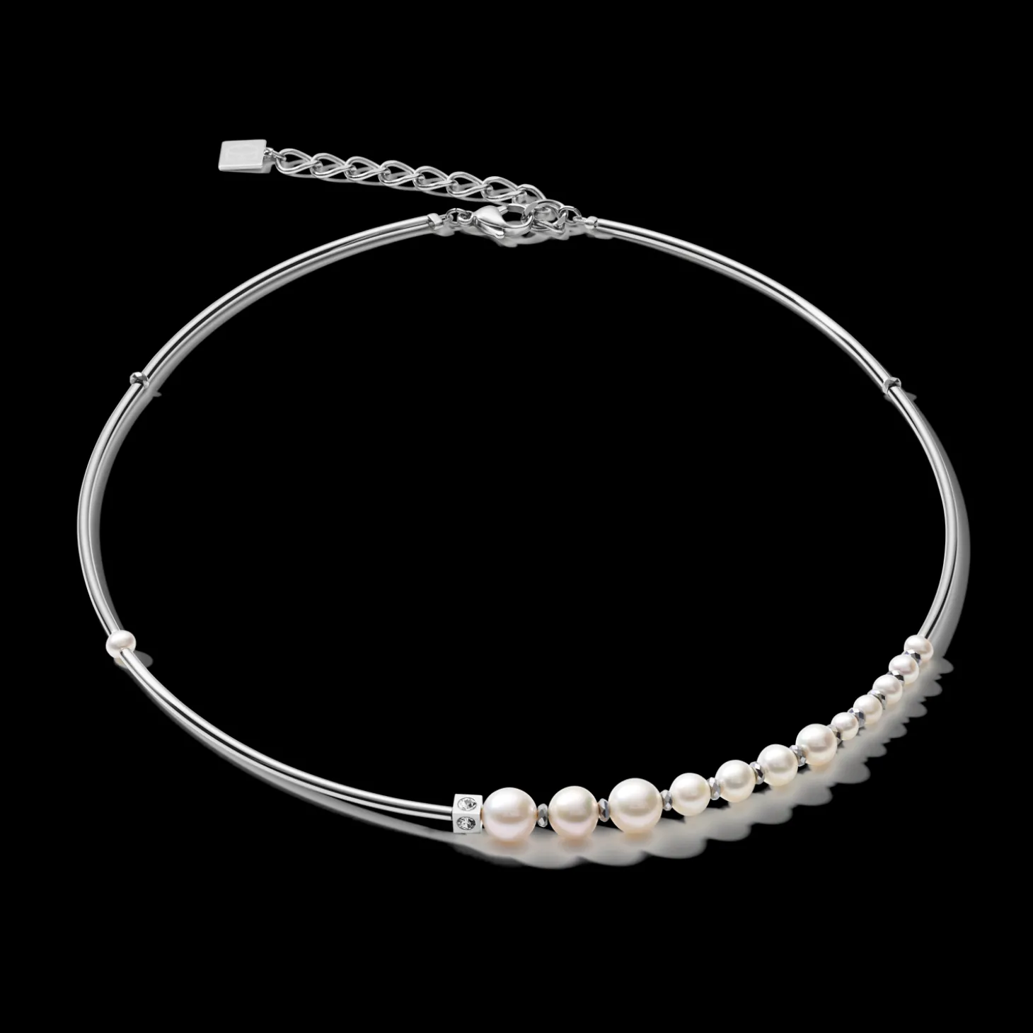 Necklace Asymmetry freshwater pearls & stainless steel white-silver
