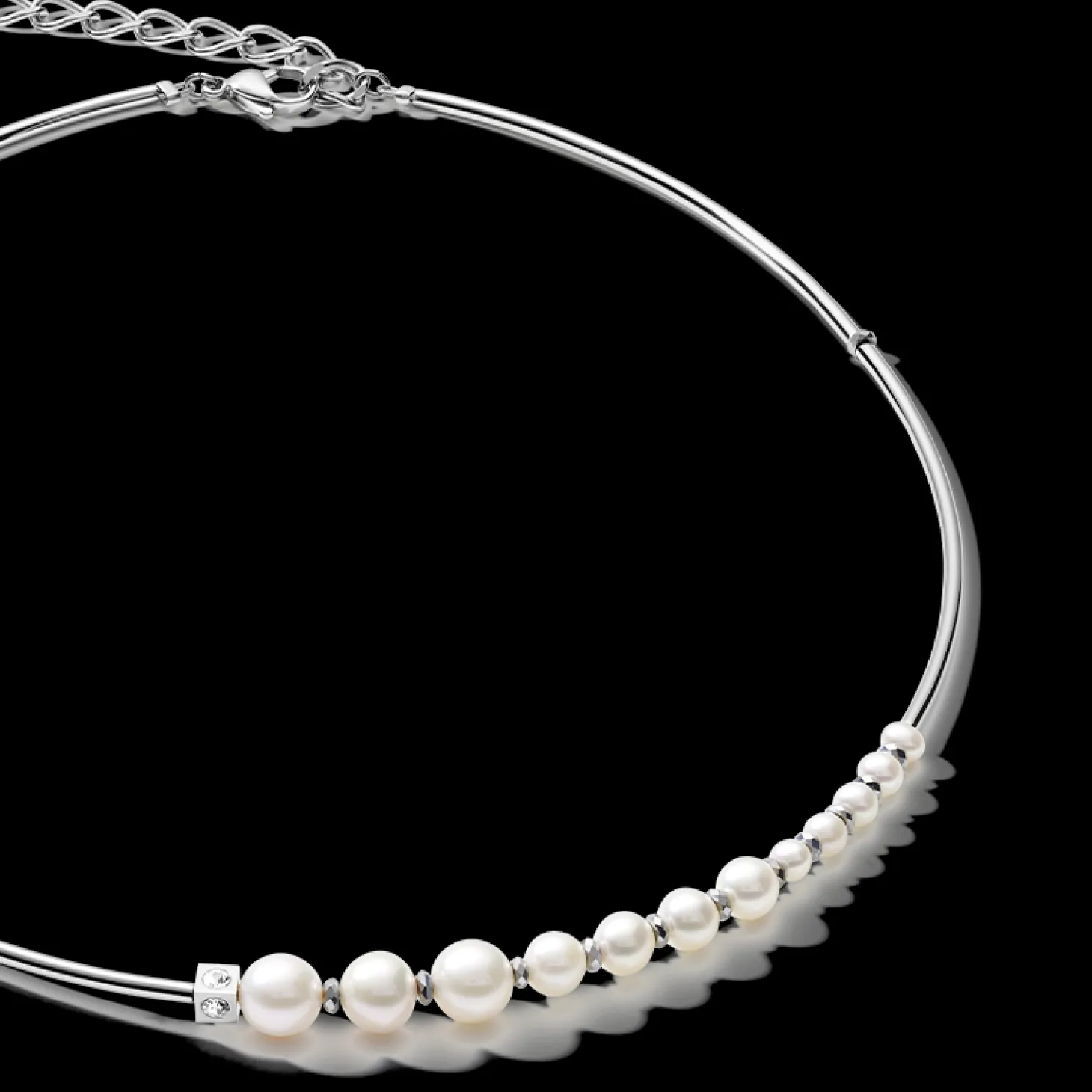 Necklace Asymmetry freshwater pearls & stainless steel white-silver