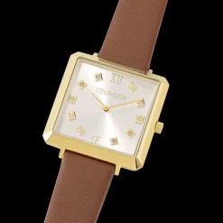 Watch Iconic Square Gold White Sunray Bracelet Leather Classy Brown
