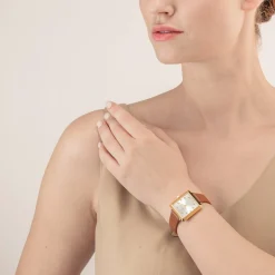 Watch Iconic Square Gold White Sunray Bracelet Leather Classy Brown