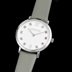 Watch Round Brilliant White Bracelet Leather Light Grey