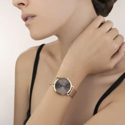 Watch Round Mocha Sunray Milanese Stainless Steel Rose Gold