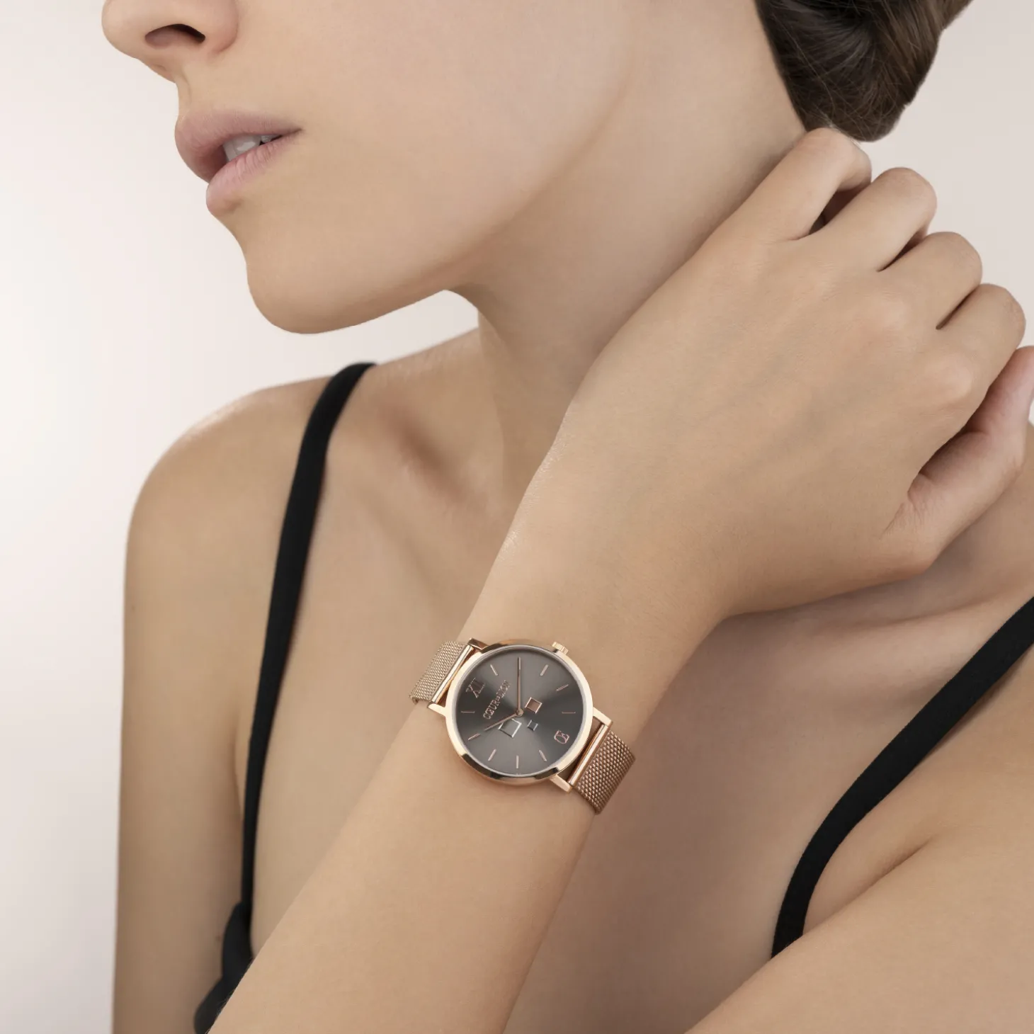 Watch Round Mocha Sunray Milanese Stainless Steel Rose Gold