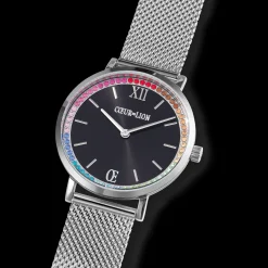 Watch Round Sparkling Rainbow Sunray Black Milanaise silver