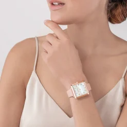 Watch Iconic Square Mother-of-Pearl Rose Gold Bracelet Leather Romantic Pink