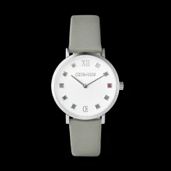 Watch Round Brilliant White Bracelet Leather Light Grey