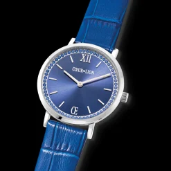Watch Round Sparkling Sunray Bracelet Leather Royal Blue